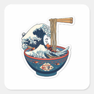 Pegatina Cuadrada Tazón de Ramen Gran Ola Estética Japonesa Arte 3D