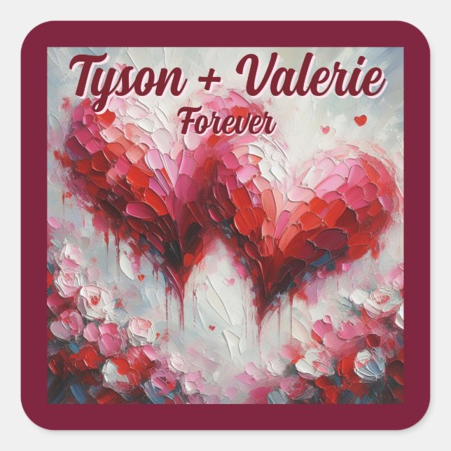 Pegatina Cuadrada Te Amo Dos Corazones Abstractos Personalizados (Anverso)
