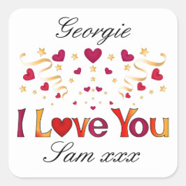 Pegatina Cuadrada TE AMO la Cinta dorada del corazón rojo Vintage Va