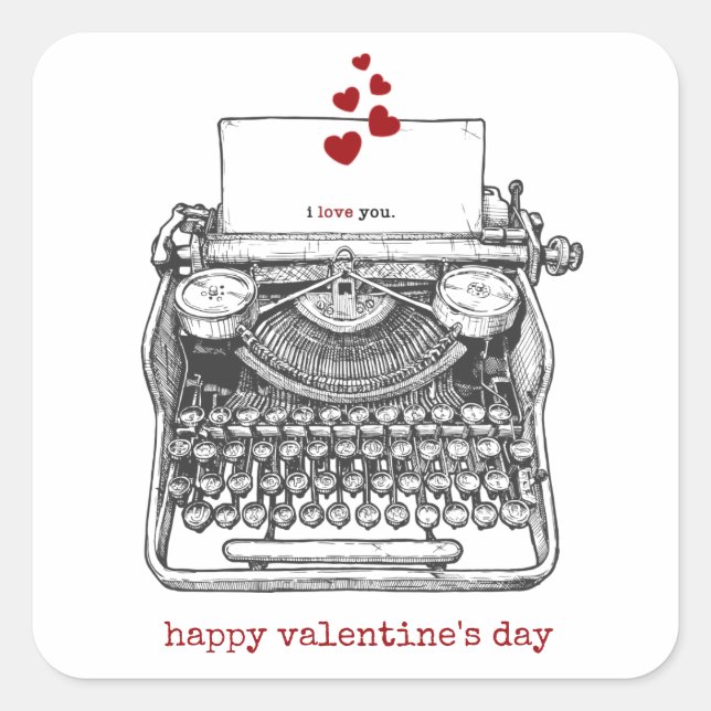 Pegatina Cuadrada Te amo | Máquina de escribir antigua | San Valentí (Anverso)