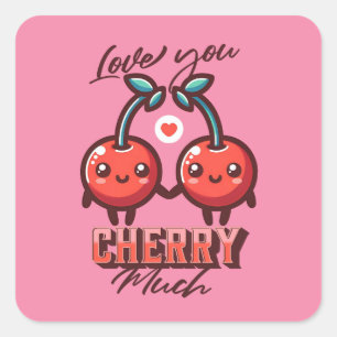 Pegatina Cuadrada Te amo mucho Kawaii Cherries Valentine