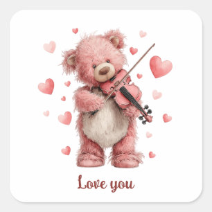 Pegatina Cuadrada Te Amo Teddy con Violín