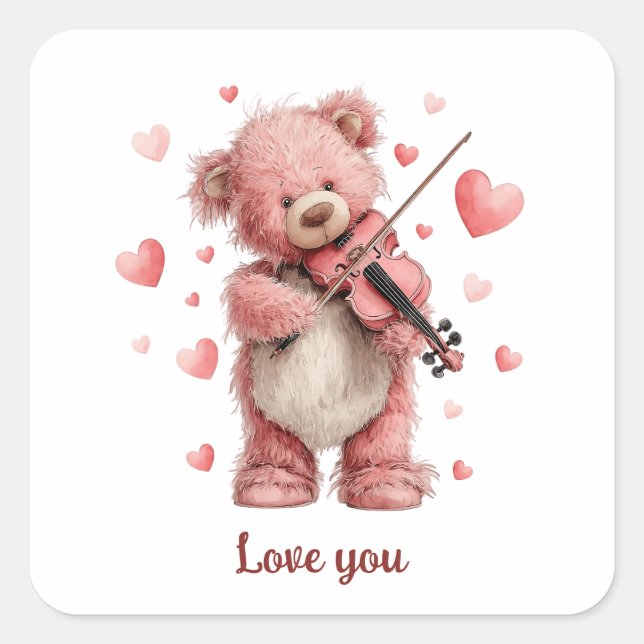 Pegatina Cuadrada Te Amo Teddy con Violín (Anverso)