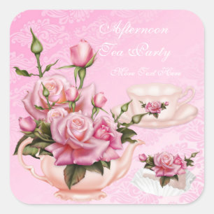 Pegatina Cuadrada Té de la Tarde Rosa Floral Tetera Melocotón