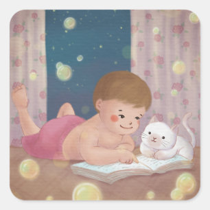 Pegatina Cuadrada Te falta: Ilustracion de chico y gato
