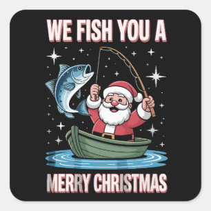 Pegatina Cuadrada Te pescamos una feliz Navidad pescador Santa