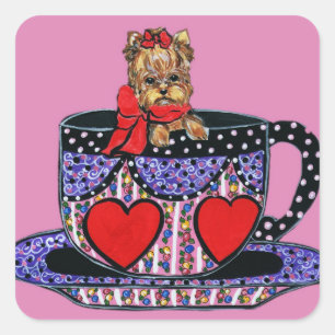 Pegatina Cuadrada Tea Cup Yorkie