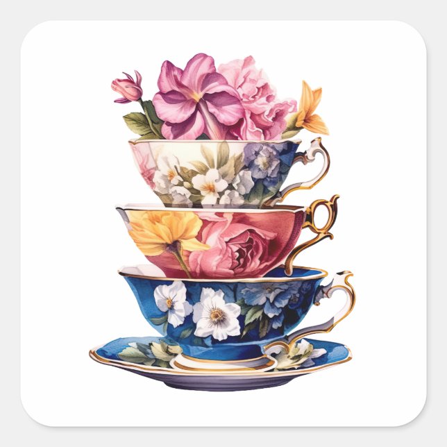 Pegatina Cuadrada Tea Time in Bloom Bridal Shower sticker (Anverso)