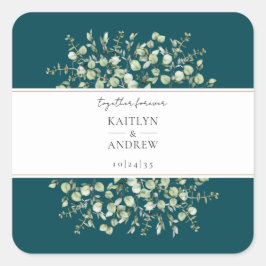 Pegatina Cuadrada Teal Eucalyptus Together Forever Wedding 