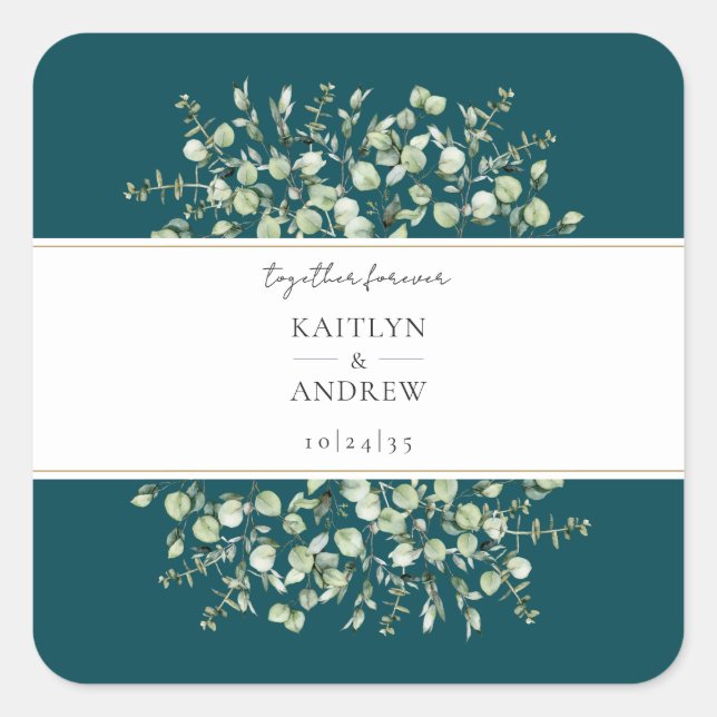Pegatina Cuadrada Teal Eucalyptus Together Forever Wedding  (Anverso)