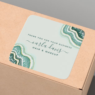 Pegatina Cuadrada Teal Gold Glitter Agate Geode Negocio Gracias