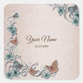 Pegatina Cuadrada Teal Silver Floral Copper Butterfly Tan Wedding