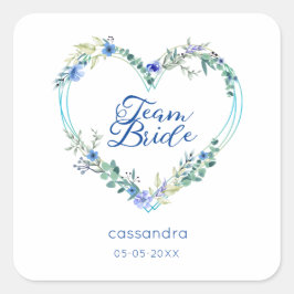 Pegatina Cuadrada Team Bride Quote & Floral Blue Heart for Wedding
