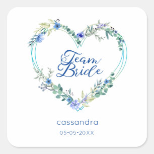 Pegatina Cuadrada Team Bride Quote & Floral Blue Heart for Wedding