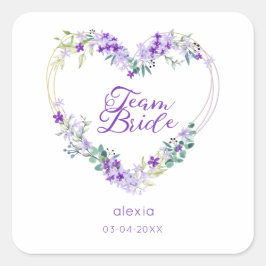 Pegatina Cuadrada Team Bride Quote & Floral Purple Heart for Wedding
