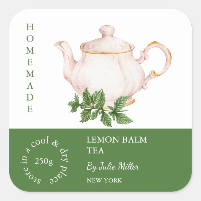 Pegatina Cuadrada Teapot Lemon Balm Tea Label (Anverso)