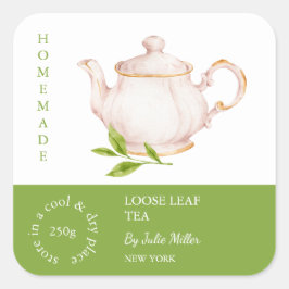 Pegatina Cuadrada Teapot Loose Leaf Tea Label