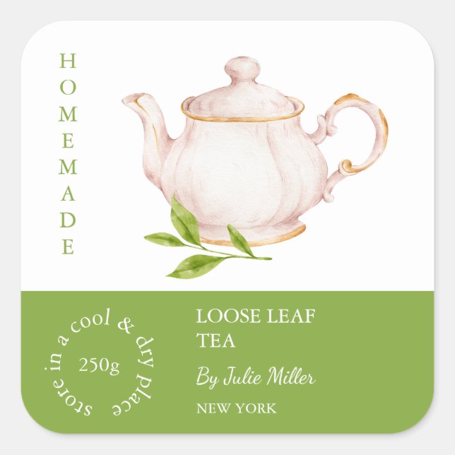 Pegatina Cuadrada Teapot Loose Leaf Tea Label (Anverso)