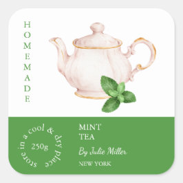 Pegatina Cuadrada Teapot Mint Tea Label