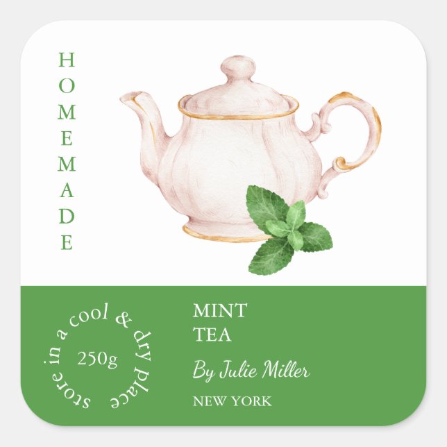 Pegatina Cuadrada Teapot Mint Tea Label (Anverso)