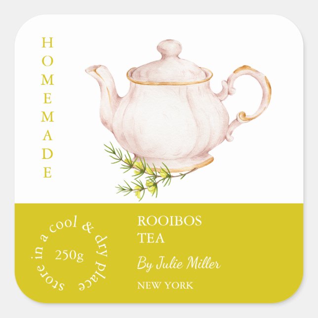 Pegatina Cuadrada Teapot Rooibos Tea Label (Anverso)