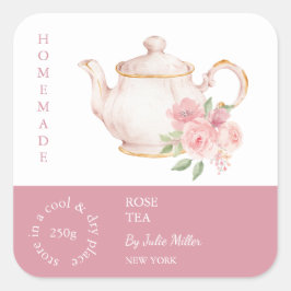 Pegatina Cuadrada Teapot Rose Tea Label
