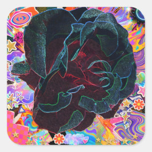 Pegatina Cuadrada Technicolor Rose Petals Remix Neon Rose Trippy C
