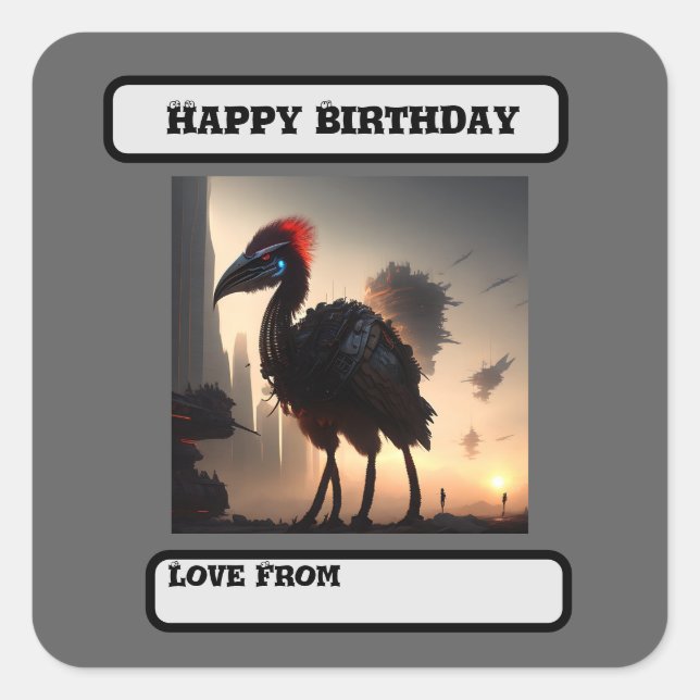 Pegatina Cuadrada "Techno-Feathers: The Futuristic Emu Robot" (Anverso)