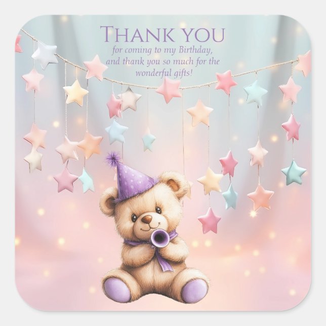 Pegatina Cuadrada Teddy Bear 1er cumpleaños Globos coloridos (Anverso)