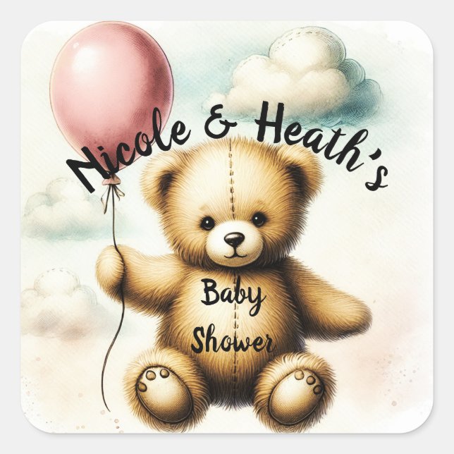 Pegatina Cuadrada Teddy Bear Baby Shower de globo rosa (Anverso)