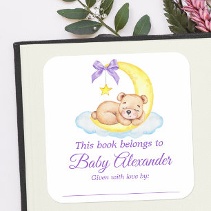 Pegatina Cuadrada Teddy Bear Baby Shower Purple Bookplate Etiquetas