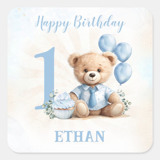 Pegatina Cuadrada Teddy Bear Birthday Boy Pegatinas Beige Azul (Anverso)