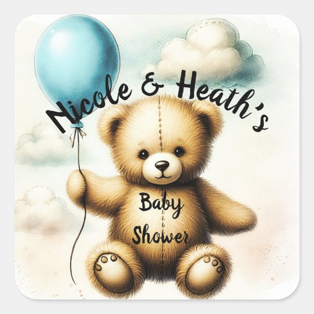Pegatina Cuadrada Teddy Bear Blue Balloon Baby Shower (Anverso)