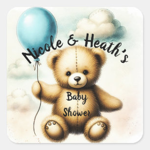 Pegatina Cuadrada Teddy Bear Blue Balloon Baby Shower