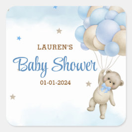 Pegatina Cuadrada Teddy Bear Blue Balloons Baby Shower