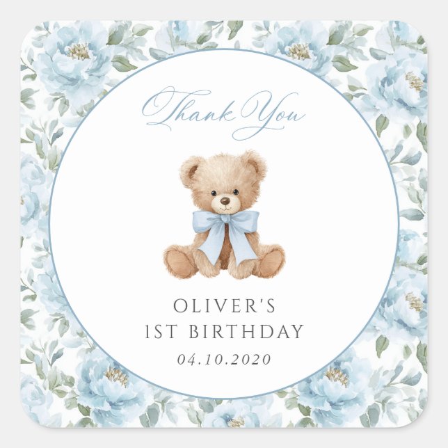 Pegatina Cuadrada Teddy Bear, Blue Bow, Blue Flowers, First Birthday (Anverso)