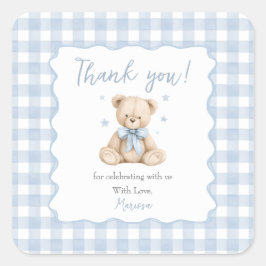 Pegatina Cuadrada Teddy Bear Blue Gingham Baby Shower Classic 