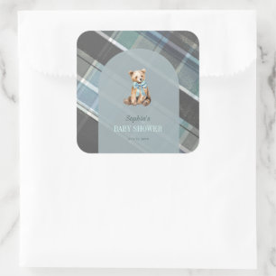 Pegatina Cuadrada Teddy Bear Boy Baby Shower Gris & Blue Plaid