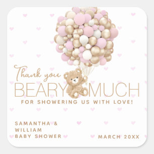 Pegatina Cuadrada Teddy Bear Corazón Rosa y Bebé Bebé Ducha