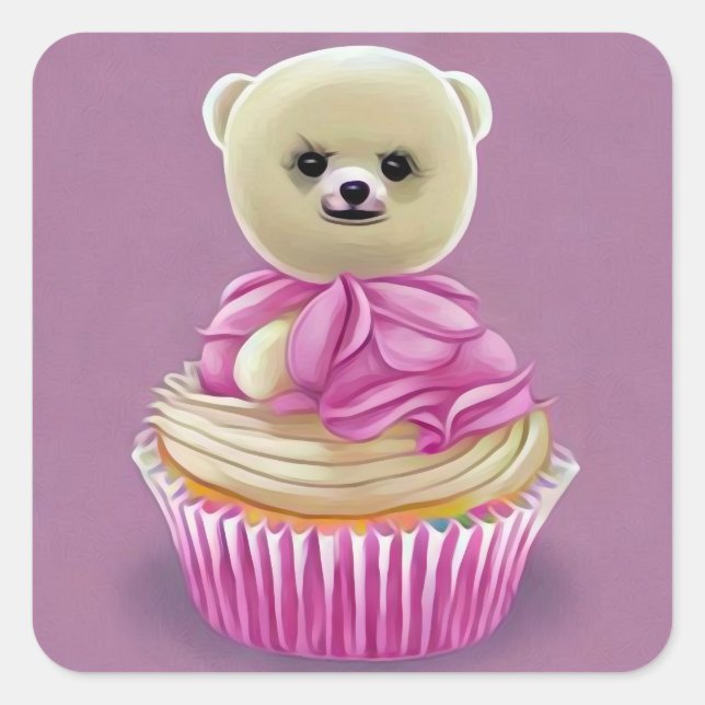 Pegatina Cuadrada Teddy Bear Cupcake (Anverso)