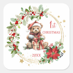 Pegatina Cuadrada Teddy Bear Foliage Poinsettia Baby 1er Navidades