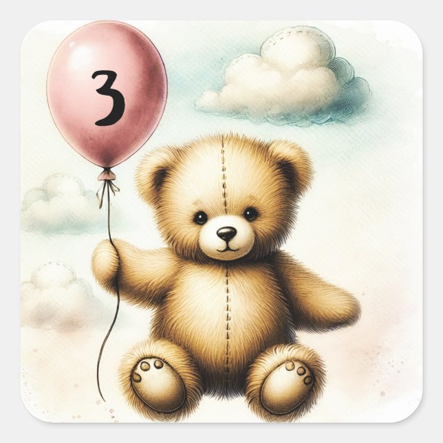 Pegatina Cuadrada Teddy Bear Globo Rosa Bearly Wait Baby Shower (Anverso)