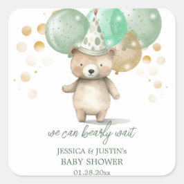 Pegatina Cuadrada Teddy Bear Globos Green Gold Baby Shower