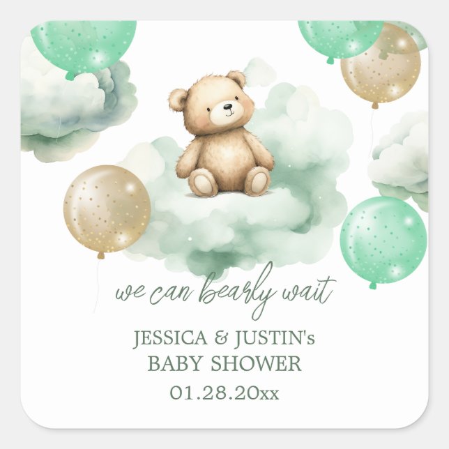 Pegatina Cuadrada Teddy Bear Globos Green Gold Sky Baby Shower (Anverso)