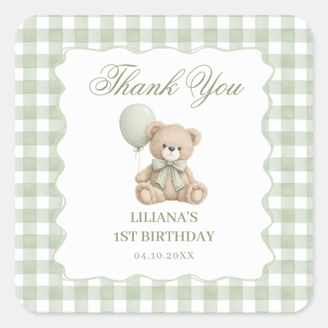 Pegatina Cuadrada Teddy Bear Green Birthday  (Anverso)