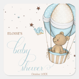 Pegatina Cuadrada Teddy Bear Hot Balloon Bearly Wait Baby Shower