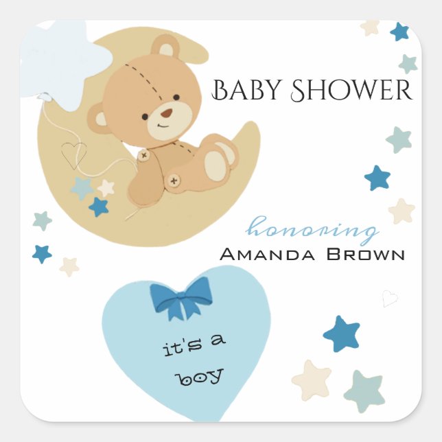 Pegatina Cuadrada Teddy Bear Love Baby Boy Shower | (Anverso)