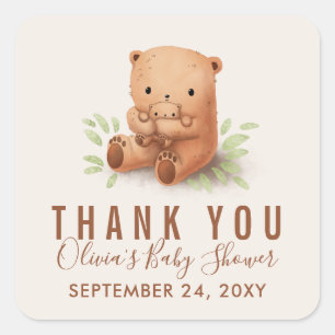 Pegatina Cuadrada Teddy Bear mami con Baby Shower Gracias