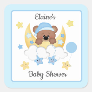 Pegatina Cuadrada Teddy Bear Moon Nubes Stars Baby Boy Shower