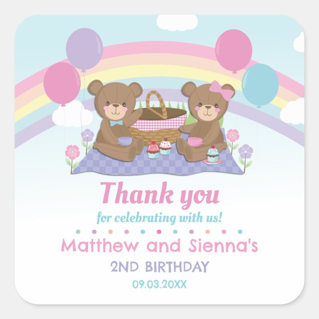 Pegatina Cuadrada Teddy Bear Picnic Rainbow Twins Chica Cumpleaños (Anverso)